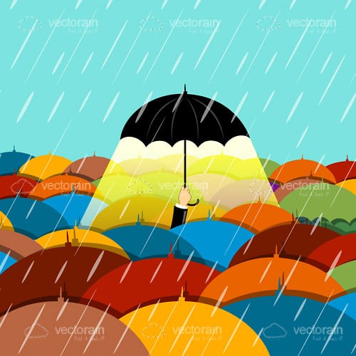 Black Illuminated Umbrella Under Rain in Sea of Colourful Umbrellas